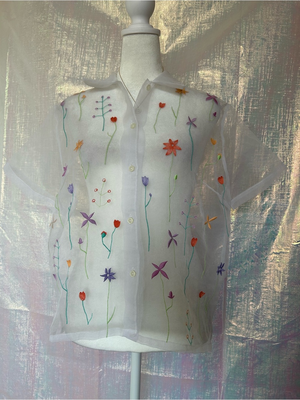 Sigrid Olsen Sheer White Button-Down Top with Multicolor Floral Embroidery